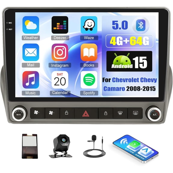 Podofo 4+64G Android 15 Car Stereo for Chevrolet Chevy Camaro 2008-2015 with Wireless Carplay Android Auto, 9" 1280 * 720 Incell Touchscreen Radio with Bluetooth 5.0/Backup Camera