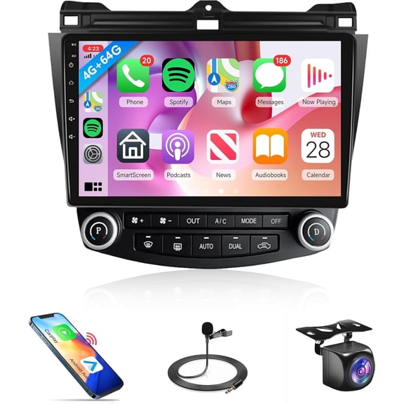 Podofo 4G+64G 10.1'' Car Radio Stereo for Honda Accord 2003-2007, Android Carplay Android Auto Mirror Link GPS WiFi Touchscreen Bluetooth FM/RDS EQ SWC Backup Camera Microphone