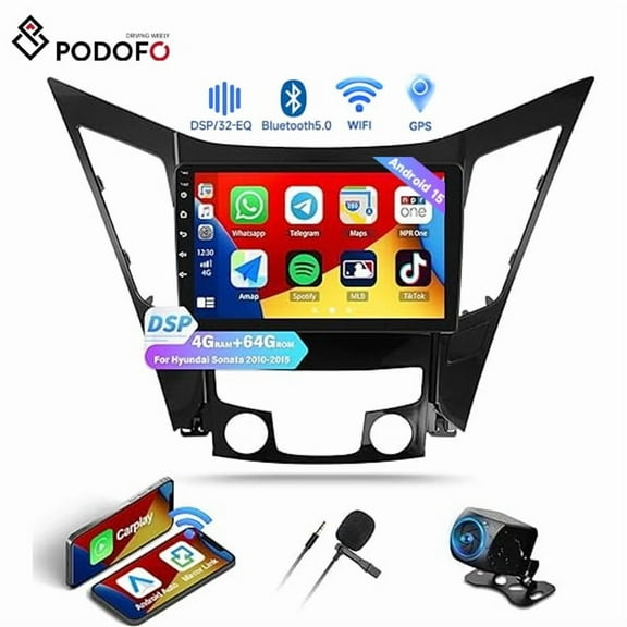 Podofo 4G+64G 8 Android 15 Car Stereo Radio for Hyundai Sonata 2010-2015 Wireless CarPlay Android Auto B EQ GPS 9 Touchscreen Mirror Link WiFi/FM/RDS/SWC Backup Camera Canbus