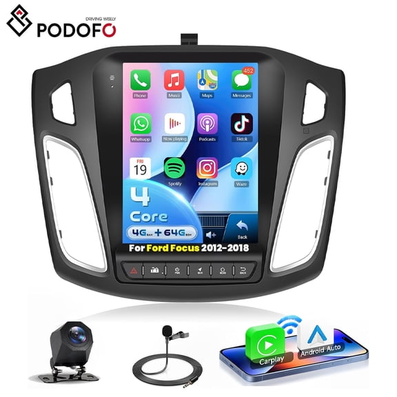 Podofo 4G+64G 9.7'' Vertical Android Car Stereo Radio for 2012-2018 Ford Focus, Wireless CarPlay Android Auto Bluetooth/Mirror Link/ GPS+Backup Camera