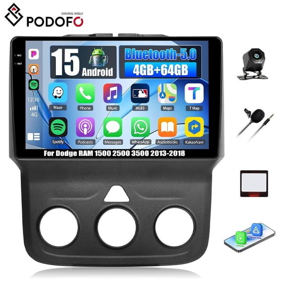 Podofo 4G+64G Android 15 Car Stereo for for Dodge Ram 1500/2500/3500 2013-2018 with Wireless Carplay Android Auto, 9 Inch Incell Touchscreen Car Radio Bluetooth 5.0/GPS +Backup Cam