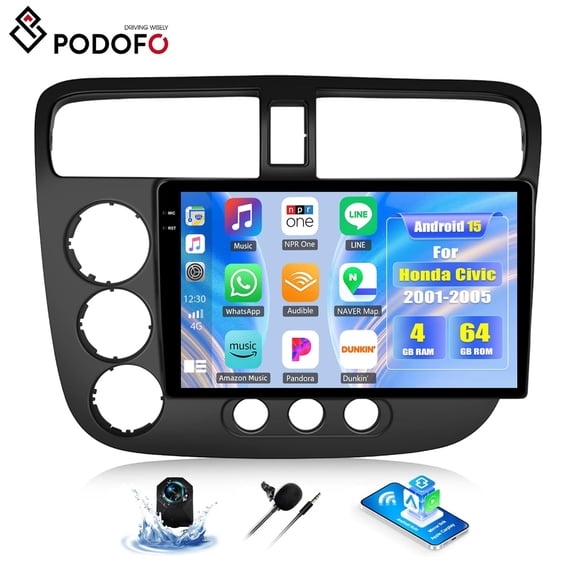 Podofo 4G+64G Android 9" Car Stereo for Honda Civic 2001-2005 Wireless CarPlay Android Auto/GPS/Bluetooth+Backup Camera
