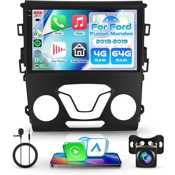 Podofo 4G+64G Android Car Stereo Radio for Ford Fusion/Ford Mondeo 2013-2019 with Wireless Carplay Android Auto, 9'' Incell-Screen Head Unit GPS Bluetooth5.0 5G-WiFi EQ Backup Camera SWC