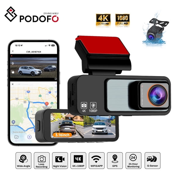 Podofo Dash Cam Front and Rear, 4K+1080P HD In-Car Camera, 3.16 Inch Touchscreen Dash Cam with G-Sensor/APP Control/Parking Assistant/Loop Recording/Night Vision/Plug and Play