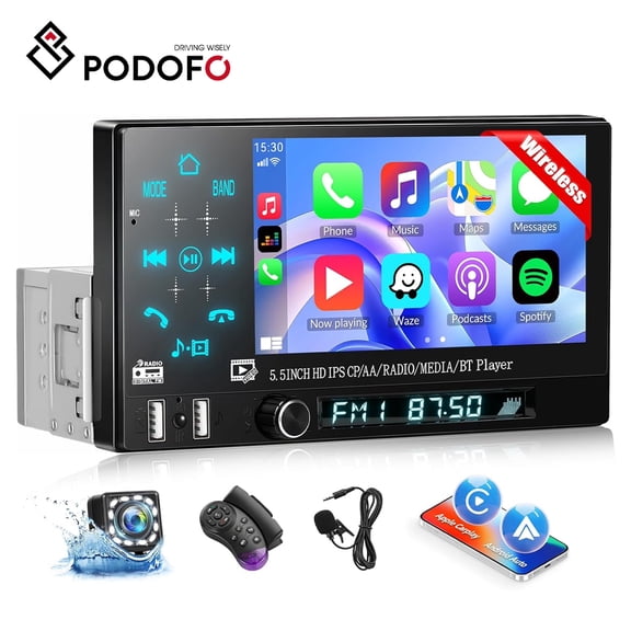 Podofo 5.5'' Single Din Car Stereo Radio Touch Screen with Wireless Carplay&Android Auto Bluetooth Backup Camera
