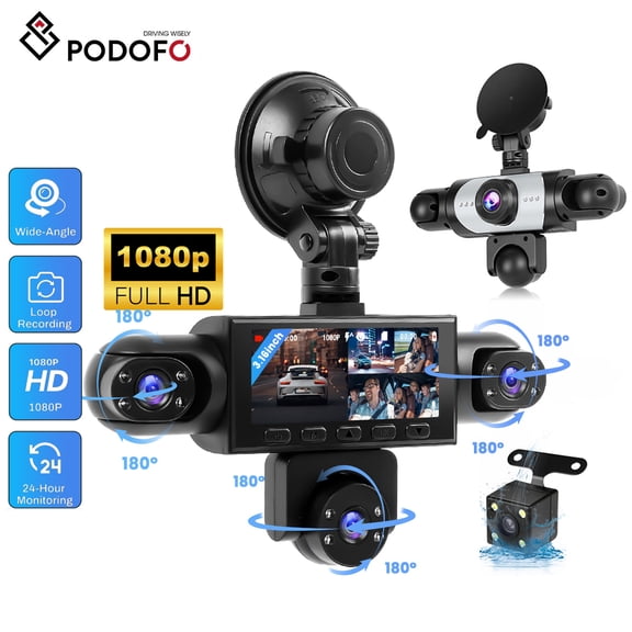 Podofo 5 Channel Dash Cam 3.16" 1080P Touchscreen with Loop Recording, Parking Assistant, Night Vision, Motion Detection, Backup Camera