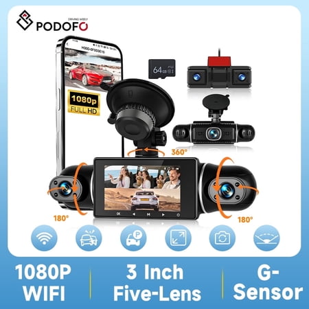 Podofo 5 Channel Dash Cam with WiFi & APP Control, 5x1080P Front and Rear Inside Left Right, Five Cameras with 64GB Card, G-Sensor, 24 Hours Parking Mode, Loop Recording, Night Vision