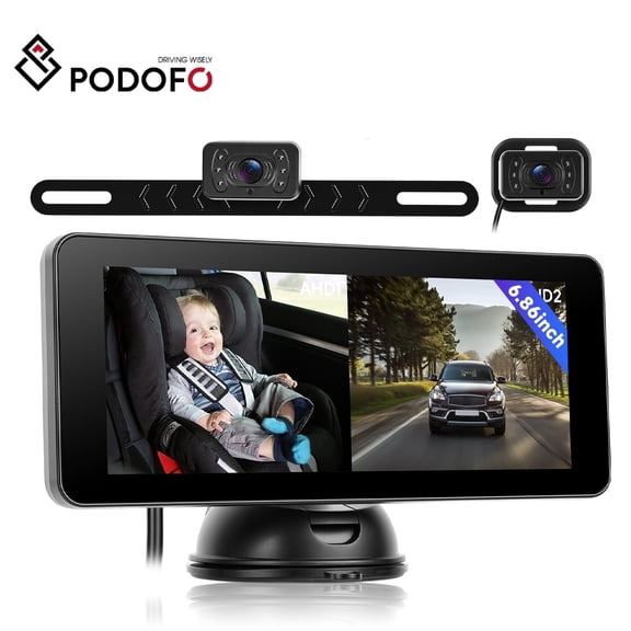 Podofo 6.86 IPS Screen with Headrest Baby Camera HD 720P with Night Vision for Baby Wide-Angle Lens IPS Screen with IP69 Waterproof Infrared Night Vision Wired Reverse Camera