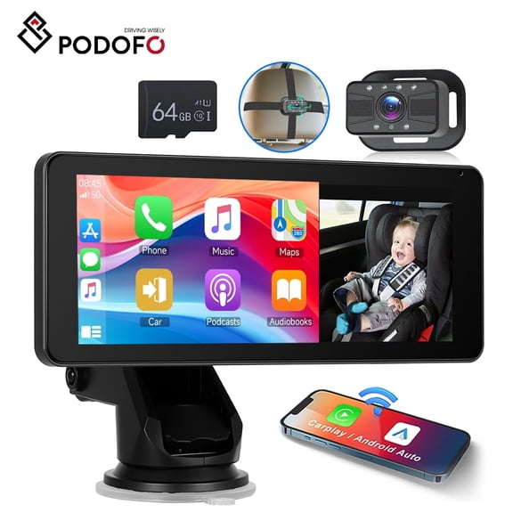Podofo 6.86 inch Baby Car Camera with Wireless CarPlay & Android Auto - 1080P Car Baby Monitor with Ultra Night Vision Free 64G TF Card