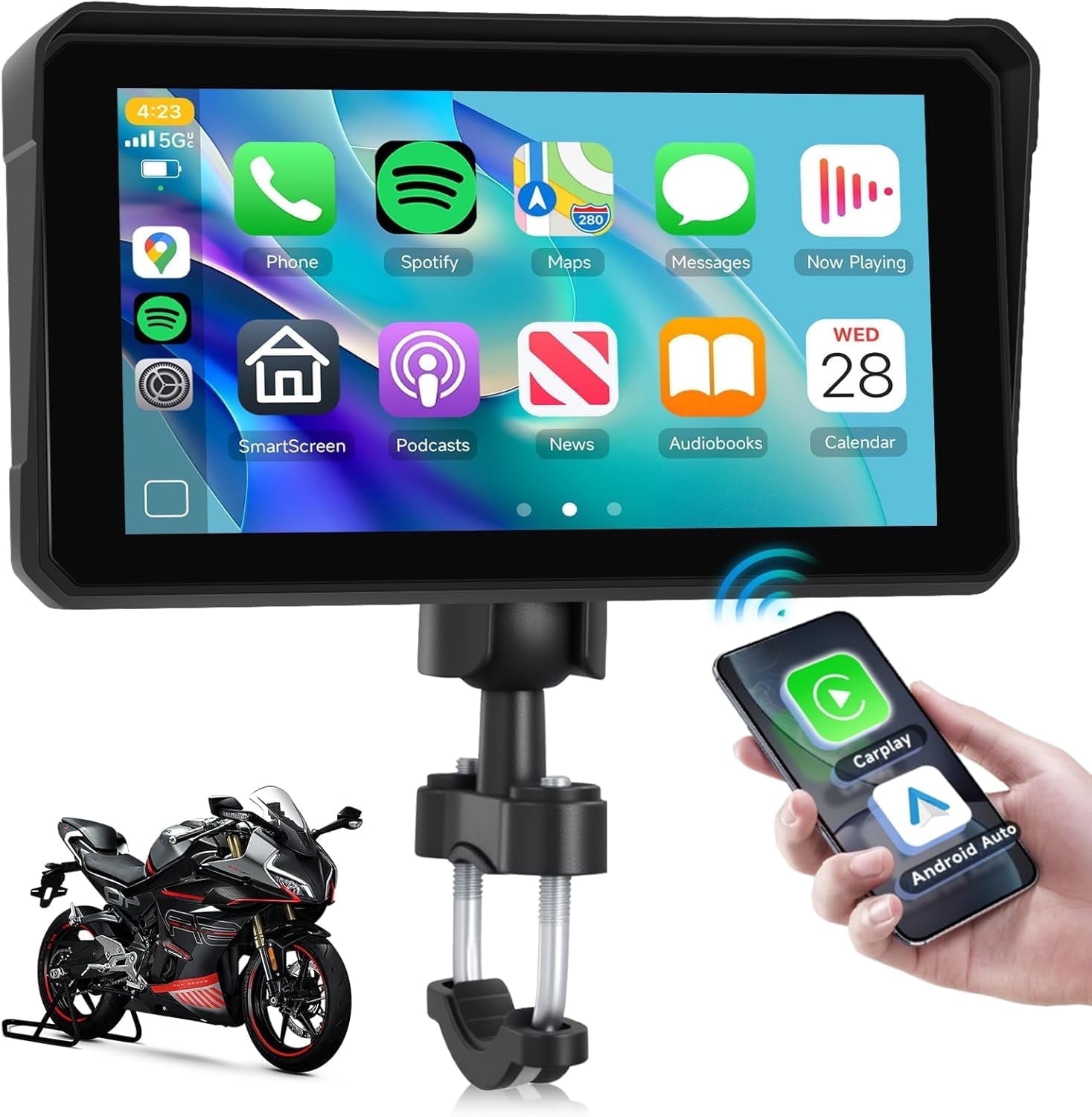 Podofo 6 Inch Motorcycle Carplay Screen, Wireless CarPlay & Android Auto with Design Mount Waterproof Touchscreen Supports GPS Navigation/Bluetooth Transmission
