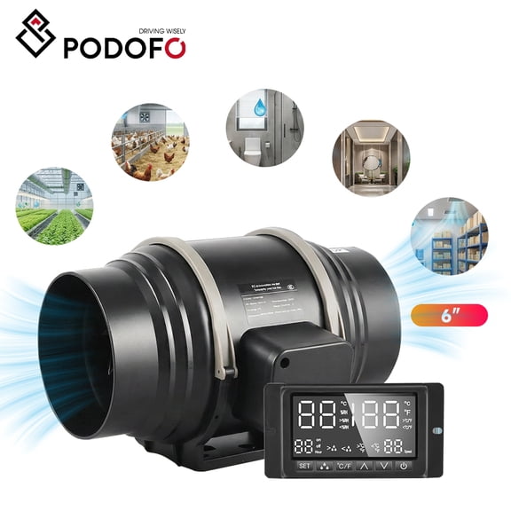 Podofo 6 inch Inline Duct Fan with Temperature Humidity Controller EC-motor Ventilation Exhaust Fan Ventilator for Home