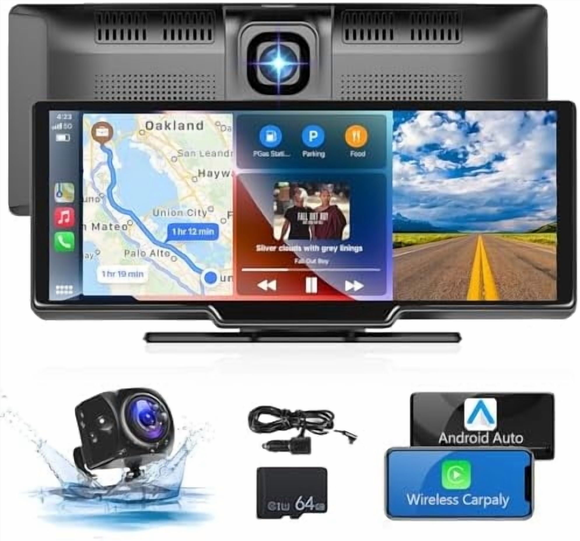 Podofo 7-32V 9.3" Portable Car Stereo Radio Wireless Carplay Android Auto Dash Cam DVR Car MP5 Player, with 64G Card&Backup Camera