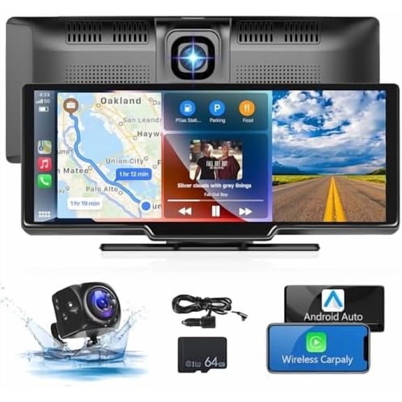 Podofo10.26" Portable Car Stereo Radio Wireless Carplay Android Auto Dash Cam DVR+64G Card&Backup Camera