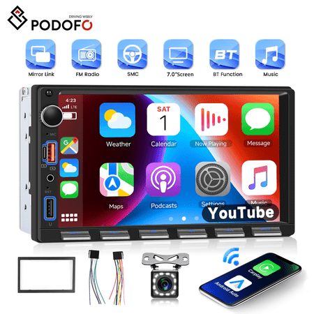 Podofo 7 Inch Double Din Car Stereo with Wireless Carplay/Anroid Auto Bluetooth, SWC, Dual USB+Type-C Charging +HD Backup Camera