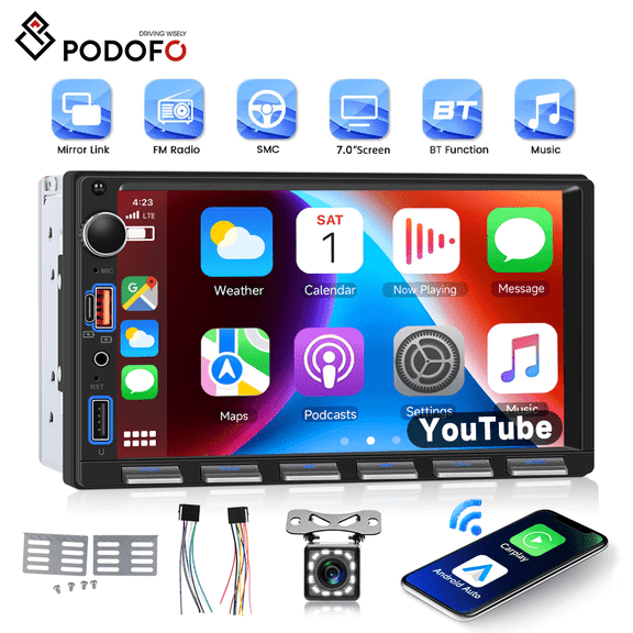 Podofo [Upgrade] Double Din 7 Inch Touch Screen Car Stereo with wireless Carplay/Android Auto Bluetooth EQ Mirror Link SWC USB/Type-C/Aux-in Ports+Backup Camera