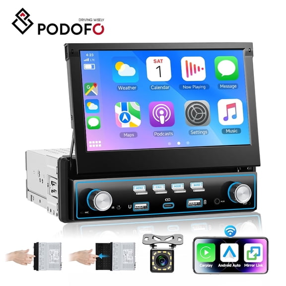 Podofo 7 Inch Manual Telescopic Single Din Car Stereo Radio with Wireless CarPlay &Android Auto Mirrolink Free Rear View Camera