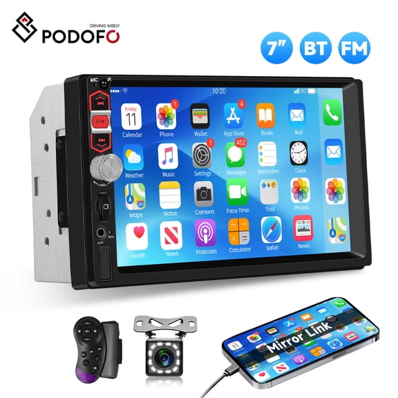 Podofo 7 inch Car Stereo Double Din Radio Touch Screen Bluetooth Handsfree Mirror Link USB SD EQ FM Multimedia Radio with Backup Camera