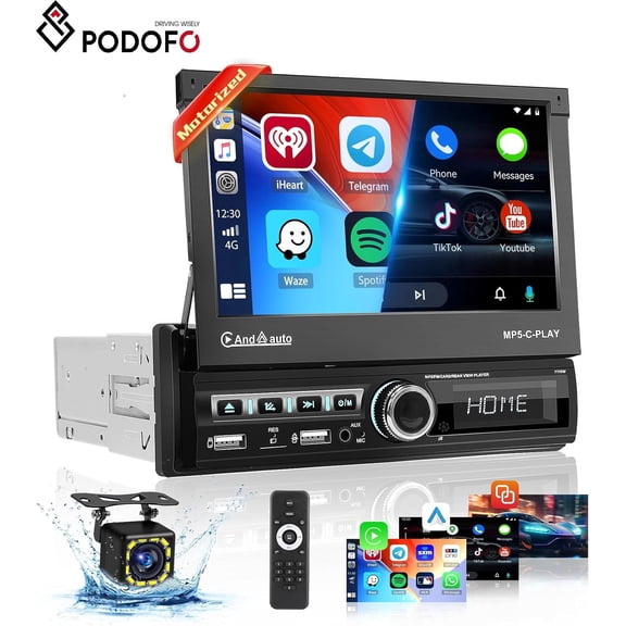 Podofo 7 in Single Din Electric Retractable Car Stereo Radio with Wireless Apple Carplay Android Auto Mirror Link Backup Camera