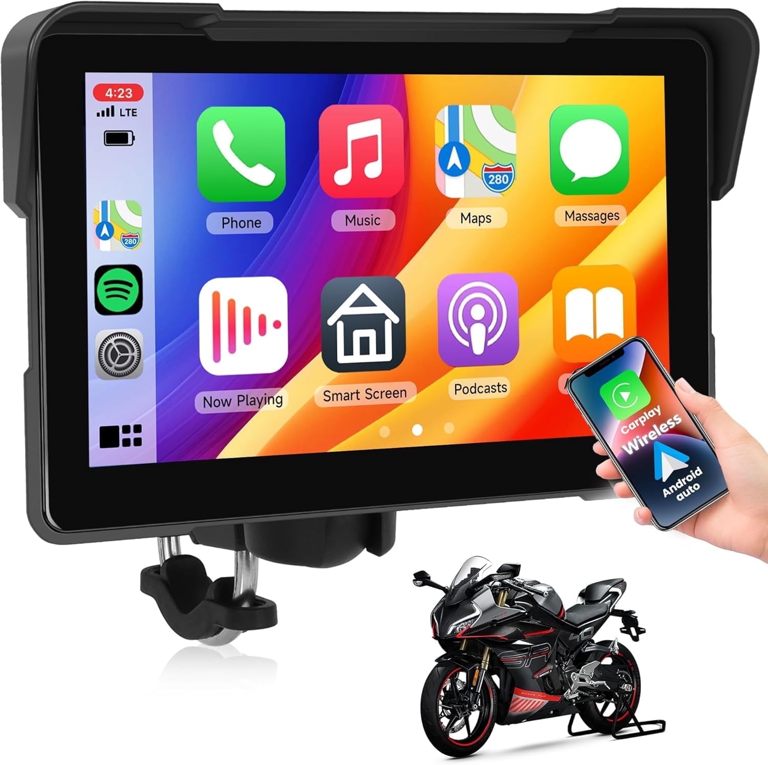 Podofo 7Inch Motorcycle Carplay Screen, Wireless CarPlay & Android Auto with Design Mount Waterproof Touchscreen Supports GPS Navigation/Bluetooth Transmission/EQ