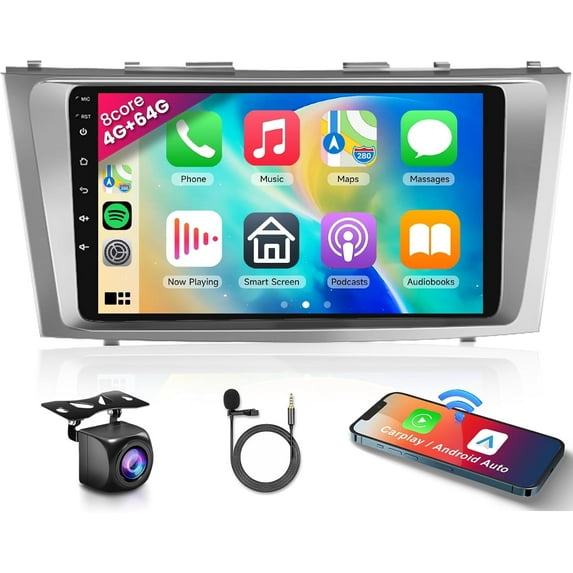 Podofo 8 Core 4+64G Android Car Radio Stereo for Toyota Camry 2006-2011 with Wireless Carplay Android Auto, 9 Inch IPS Touch Screen, Android 13 GPS WiFi Bluetooth 32-Band DSP HD Backup Camera
