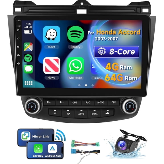 Podofo 8Core 4G 64G Car Stereo Radio for Honda Accord 7th 2003-2007 with 10.1inch Touch Screen,DSP/46 EQ,Wireless CarPlay Android Auto,Bluetooth 5.0,GPS FM/RDS,WiFi SWC+AHD Backup Camera