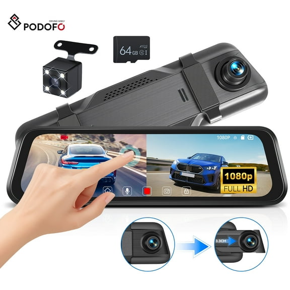 Podofo 9.66" 1080P Touch Screen Dash Cam Mirror for Car Front and 480P Rear View Dual Cameras Night Vision Vehicles Parking Monitoring,with 64GB Card