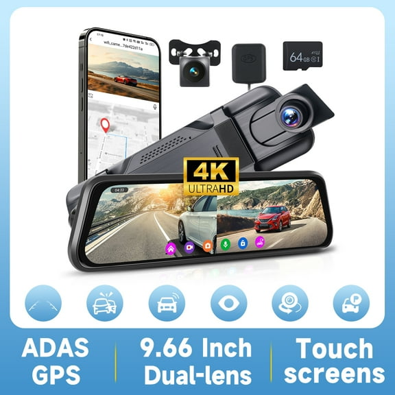 Podofo 9. 66" 4K Mirror Dash CAM Car Mirror with 1080P Camera, Front 150 and Rear Dashcam 120 with ADAS and BSD Reverse Line, Night Vision, G-Sensor, GPS and 64 GB WIFI Card