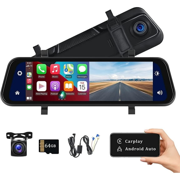 Podofo 9.66" Touch Screen Car Rearview Mirror Dash Cam 2 Cameras Driving Recorder Wireless Carplay Android Auto Aux Touch Screen Voice Control,with 64GB Card