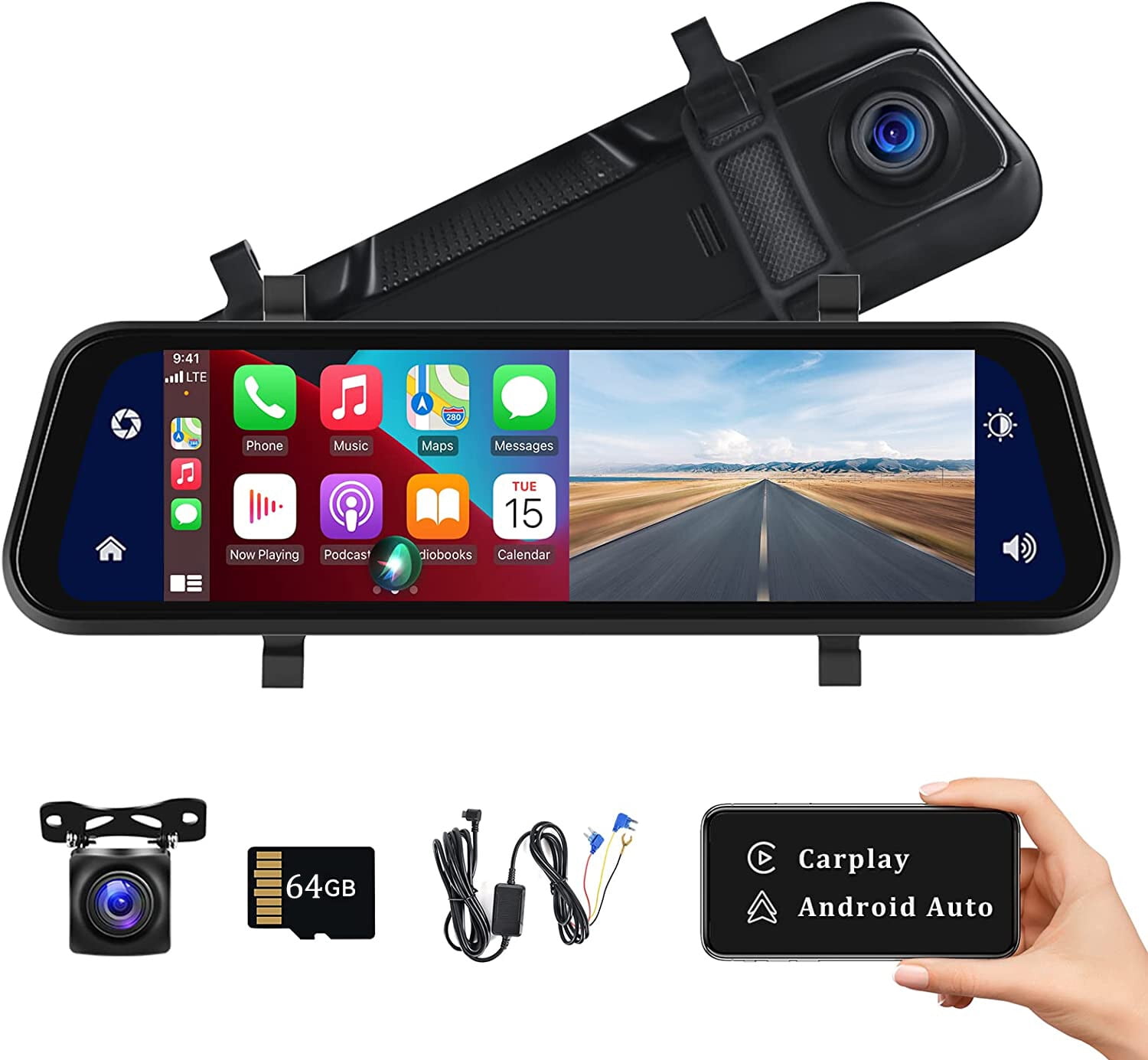 Mirror Dash Cam Wireless CarPlay & Wireless Android Auto, Dash Cam Front  and Rear Backup Camera Rear View Mirror for Cars & Trucks, Night Vision