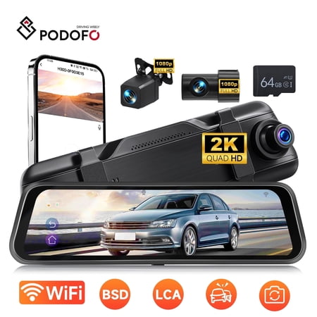 Podofo 9.66 inch 2K Car Car Dual Lens wifi (Viidure) Touch ips HD Rearview Mirror Car Recorder With 1080P Rear Pull + Gravity Sensor