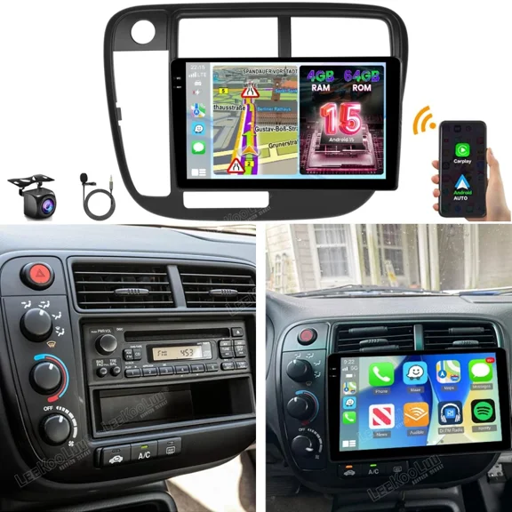 Podofo Android 15 4+64GB Car Stereo Radio for Honda Civic 1996-2001 with wireless Apple Carplay&Android Auto/GPS+Backup Camera
