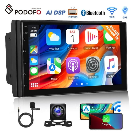 Podofo 2 Din Android 15 4+64G 7 inch Car Radio  with Wireless Carplay GPS WiFi FM/RDS/32EQ/AI DSP/DAB/OBD/DVR