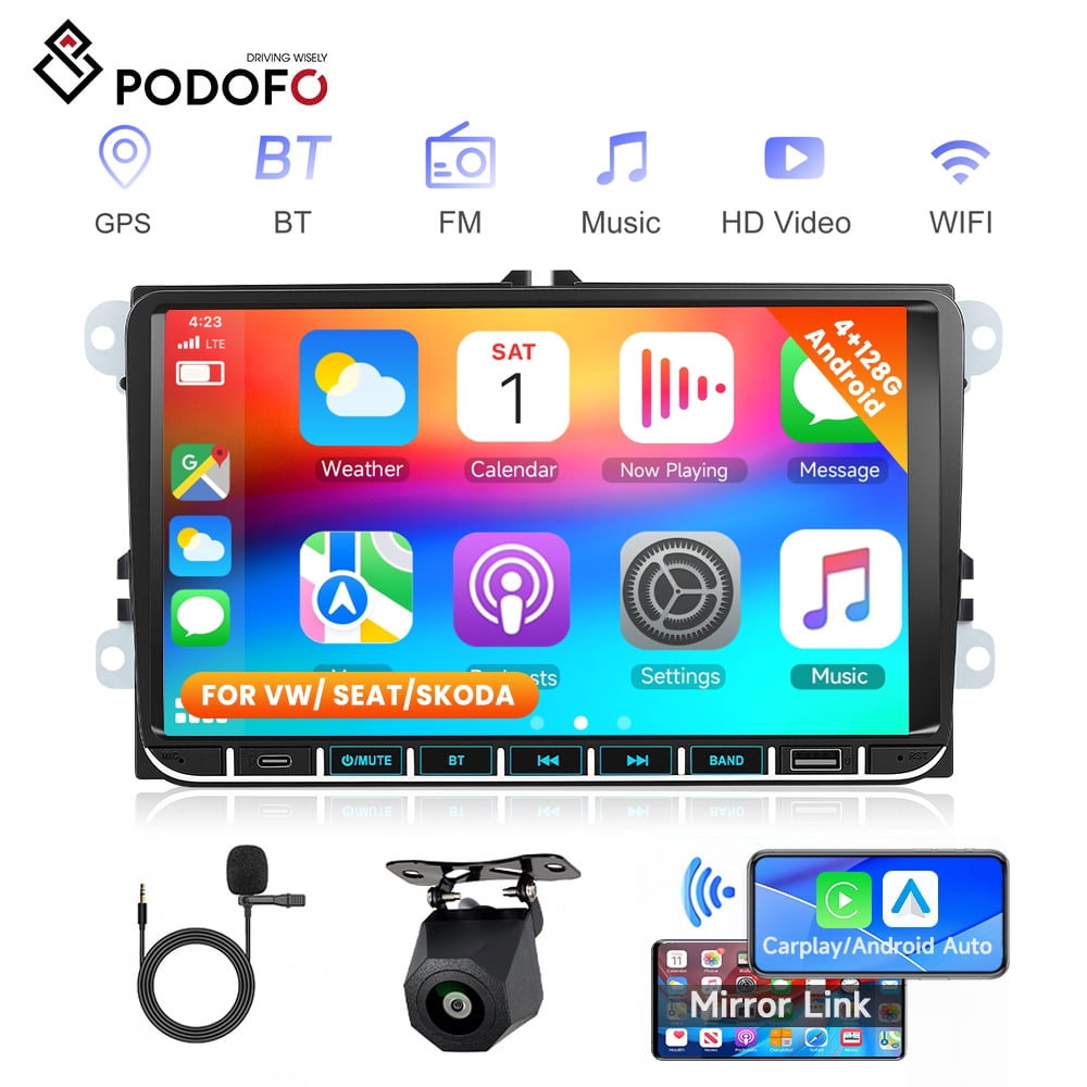 Podofo 4G+128G Car Stereo Radio for VW Golf 5 Golf 6 Skoda Polo Passat Tiguan Touran, Android 15 9 in Double Din with Wireless Carplay&Android Auto/GPS/Bluetooth +Backup Camera