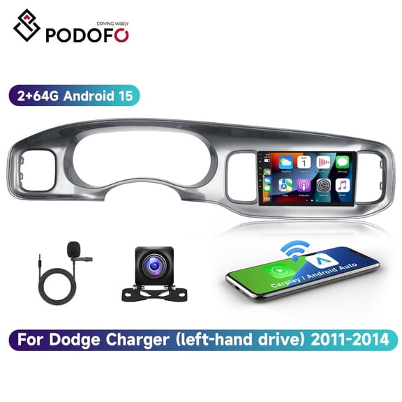 Podofo Android 15 Car Stereo for Dodge Charger 2011-2014 (LHD) ,9 Inch 2+64G Touchscreen Car Radio with Wireless Carplay & Android Auto, WiFi, GPS Navigation, FM RDS, AHD Backup Camera