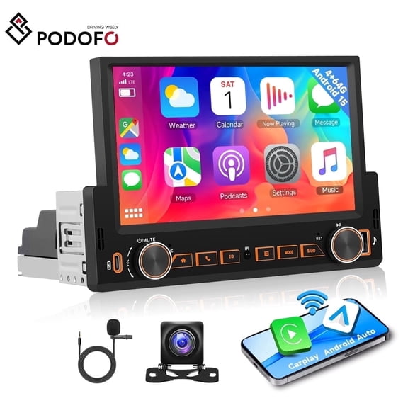 Podofo 4G+64G 7'' Android 15 Single Din Car Stereo with Wireless Carplay&Android Auto/GPS/Mirror Link+Backup Camera