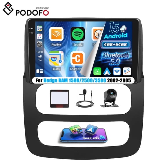 Podofo Car Stereo for Dodge RAM 1500/2500/3500 2002-2005, Android 15 4G+64G 9" Touchscreen with Wireless Carplay &Android Auto/Bluetooth 5.0 /GPS+Backup Cam