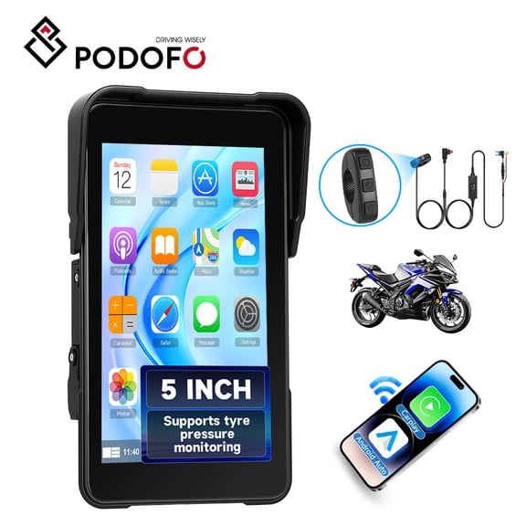 Podofo 5-inch Motorcycle IP68 Wireless Carplay & Android Auto for Motorcycles, Waterproof HD Touchscreen for Motorcycles with Navigation/Bluetooth/Pressure Detection