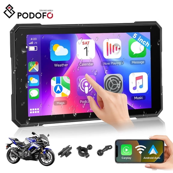 Podofo CarPlay Screen for Motorcycle,5 inch IPS Waterproof Portable Wireless Carplay/Android Auto for Motorcycle with Bluetooth,TF Port/Type-C