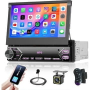 Podofo 7'' Single DIN Car Stereo Radio Flip out IPS 1080P Touch Screen with SWC, Mirror Link, FM/EQ AUX Backup Cam Mic