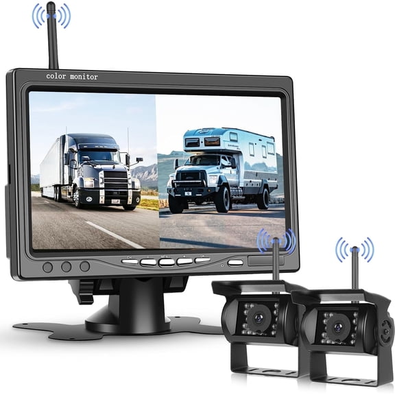 Podofo Digital Wireless Reversing Camera Set, 7 Inch HD Monitor, Wireless Reversing Camera with 2 Cameras, Blind Spot Warning, IP 68 Waterproof, Night Vision, 12V-36V, Reversing Camera