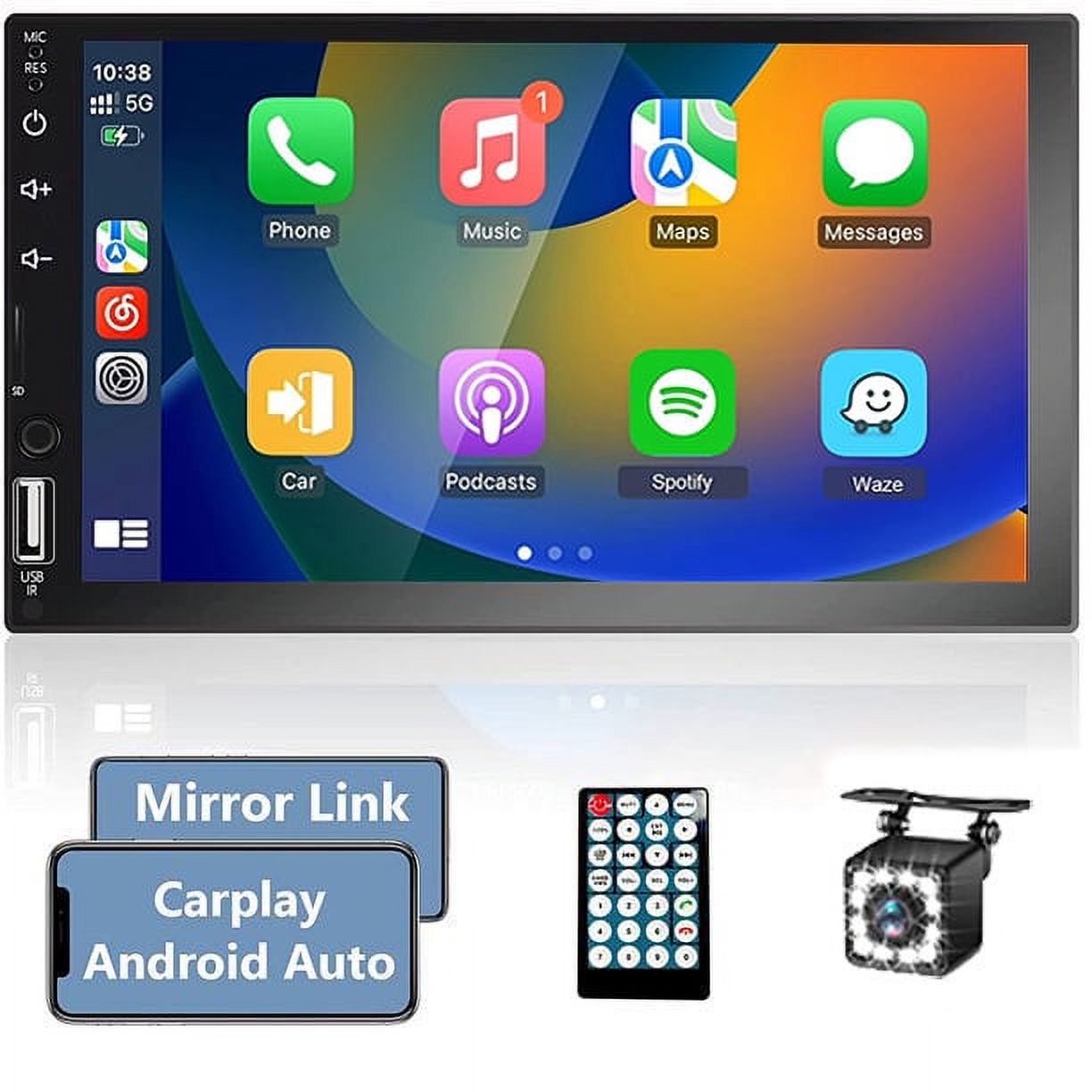 Podofo Double Din 7'' Touch Screen Car Stereo Radio Carplay Android Auto Car Audio Car Multimedia MP5 Player Bluetooth Mirror Link FM USB,with 12 LED Backup Camera - image 1 of 10