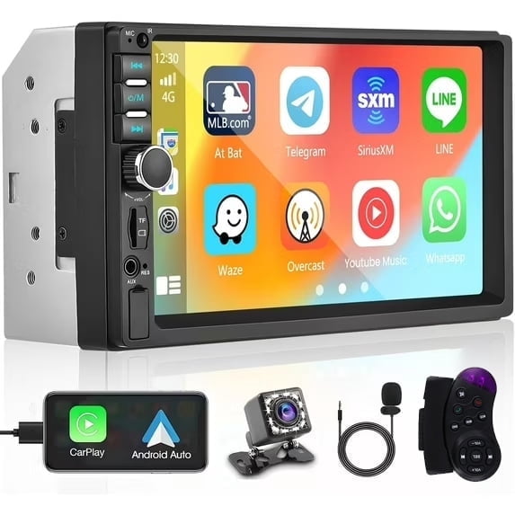 Podofo Double Din Car Stereo with Apple CarPlay and Android Auto, 7 Inch HD Touchscreen Car Radio, Bluetooth Car Audio Receivers, Backup Camera, Mirror Link, USB/AUX/TF/FM