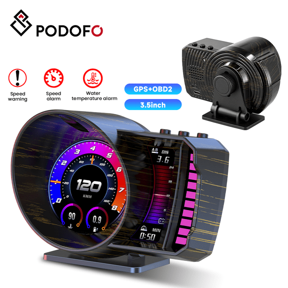 Podofo GPS Digital Speedometer HUD Display with OBD2, LED Multi-Function Gauge, Show Speed RPM Temp Voltage Fuel Consumption Turbo Boos