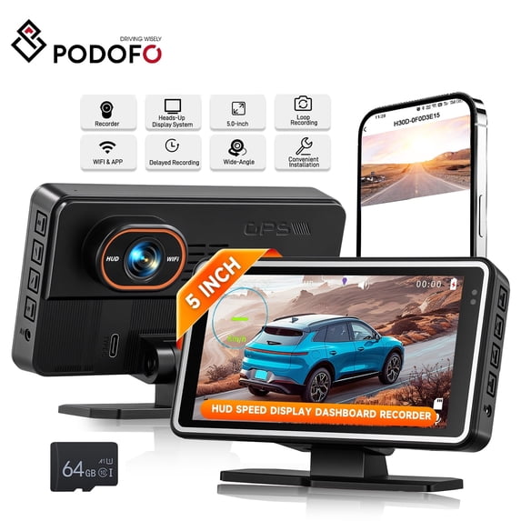Podofo WiFi Dashcam Car with 5-inch Display, Dashcam HD 1080P with 64G SD Card–Loop Recording, G-Sensor, Night Vision, Parking Monitoring, Backup Assistant