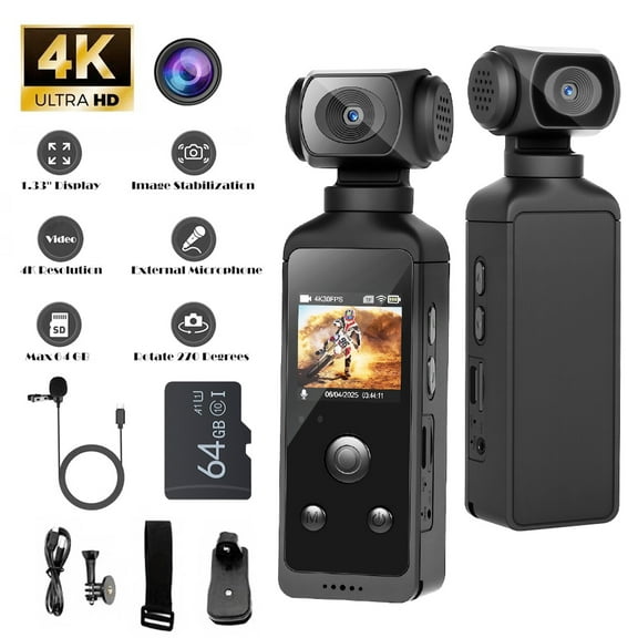 Podofo Handheld Gimbal WIFI Camera 4K Sport Action Camera Loop Recording Wearable Lens 270 Degree Rotation Recorder with 64G SD Card