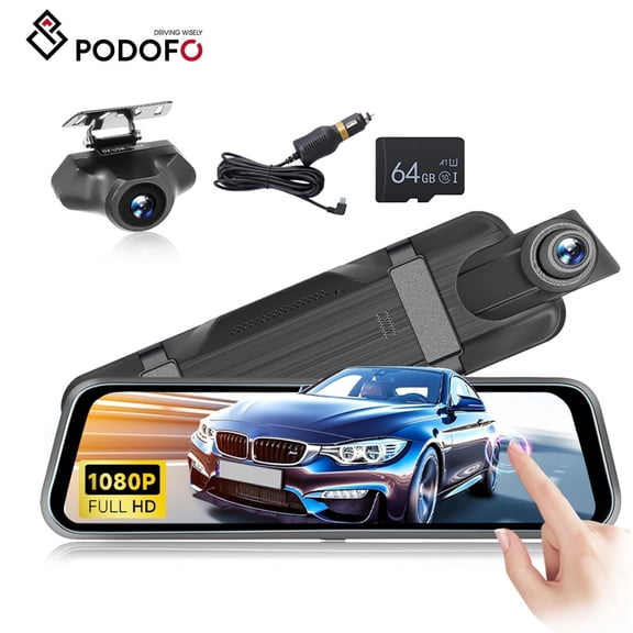 Podofo Mirror Dash Cam Front and Rear 9.66 inch Touch Screen Rearview Mirror for Cars & Trucks with Dual Cameras, 24H Parking Mornitor, Loop Recording, Motion Detection