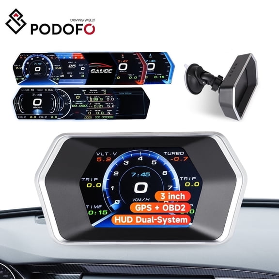 Podofo OBD2 GPS Dual System Car Universal HUD Display - Digital Speedometer with Water Temp Voltage RPM