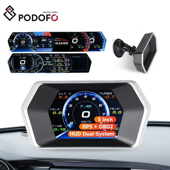 Podofo HUD Up Display F12 for Cars OBD2 Gauge Display+GPS Speedometer Windshield Multi-Color OBD ii 3-inch IPS Display Speed, Engine/Oil Temperature Gauge, Over-Revolution Alarm
