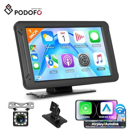 7 Inch Portable Car Stereo Wireless Carplay Screen with Backup Camera Android Auto Screen, Podofo Touch Screen Portable Car play Bluetooth FM Transmitter Mirror Link Voice control AUX Cable