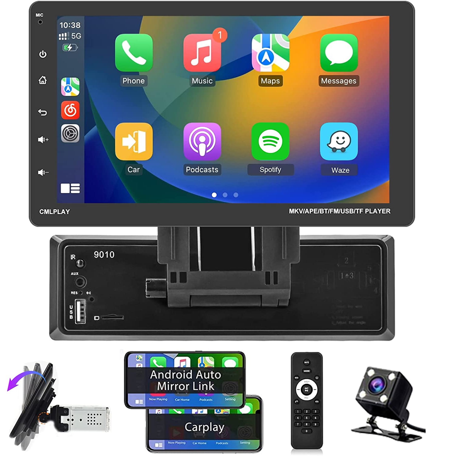 Podofo Single 1 DIN 9'' Car Stereo Radio Carplay Android Auto Touch Screen  Car Multimedia Player Bluetooth Mirror Link USB Charging FM,with 4 Led  Backup Camera 